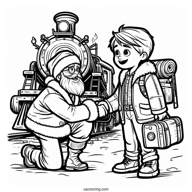Polar Express Coloring Page Of Hero Boy Shaking Hands With Santa Claus