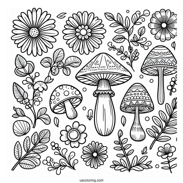 Flowers And Mushrooms Pattern Coloring Page