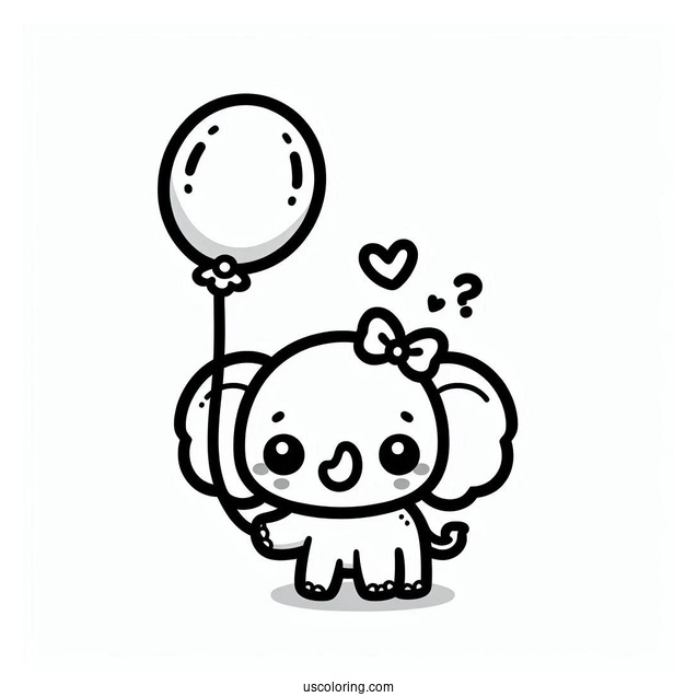 Kawaii Elephant Holding Balloon Coloring For Preschoolers