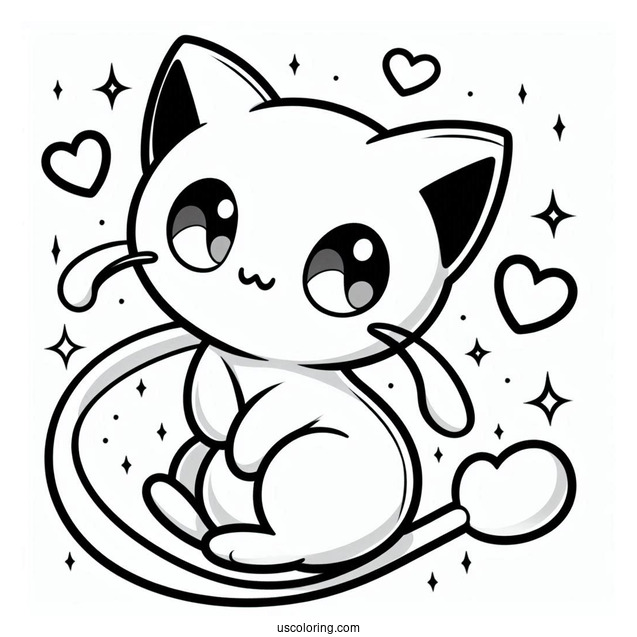 Kawaii Mew Coloring Page With Heart Shaped Tail For Preschoolers