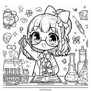 Science Coloring Page Of Chibi Girl Performing Science Experiments In A Lab