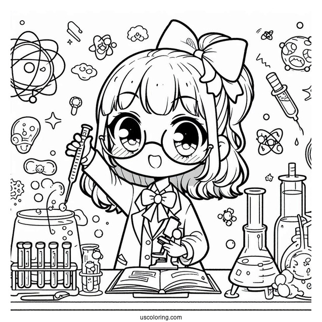 Science Coloring Page Of Chibi Girl Performing Science Experiments In A Lab