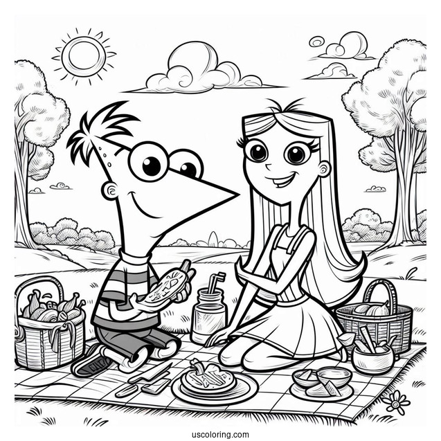Phineas And Ferb Coloring Page And Candace On A Picnic For Kids