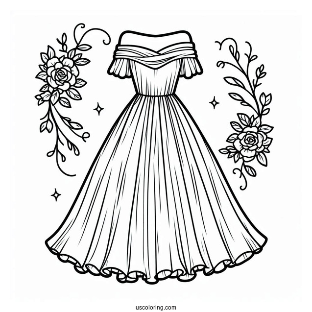 Off Shoulder Long Dress Coloring Page For Kids