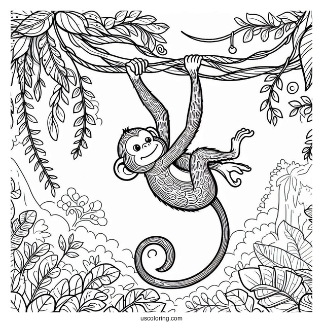 Jungle Coloring Page Of Easy Monkey Hanging From Vine For Kids