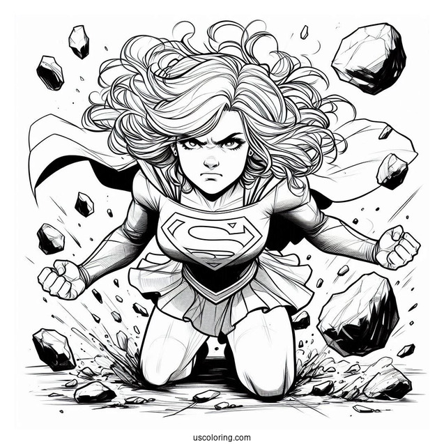 Angry Supergirl Coloring Page Kara Zor El With Rocks Flying Around