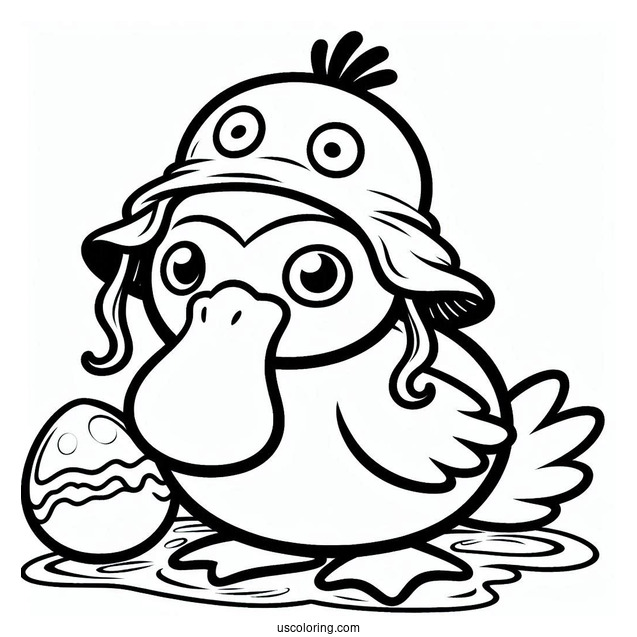 Psyduck Coloring Page Wearing Tentacool Hat For Preschoolers