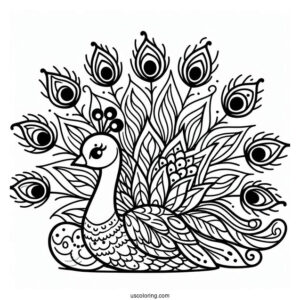 Cute Peacock Coloring Page with Fanned Feathers For Kids