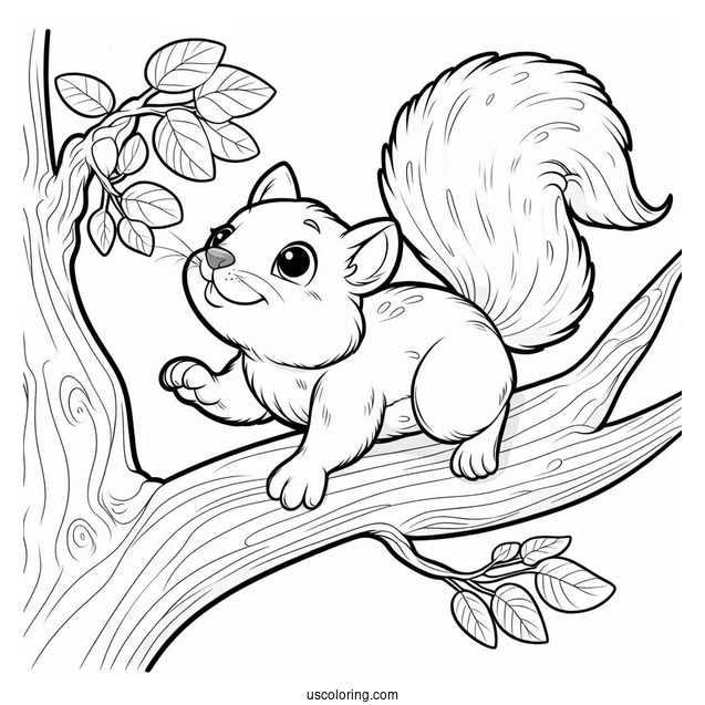Cartoon Squirrel Coloring Page Climbing Tree Branch For Kids