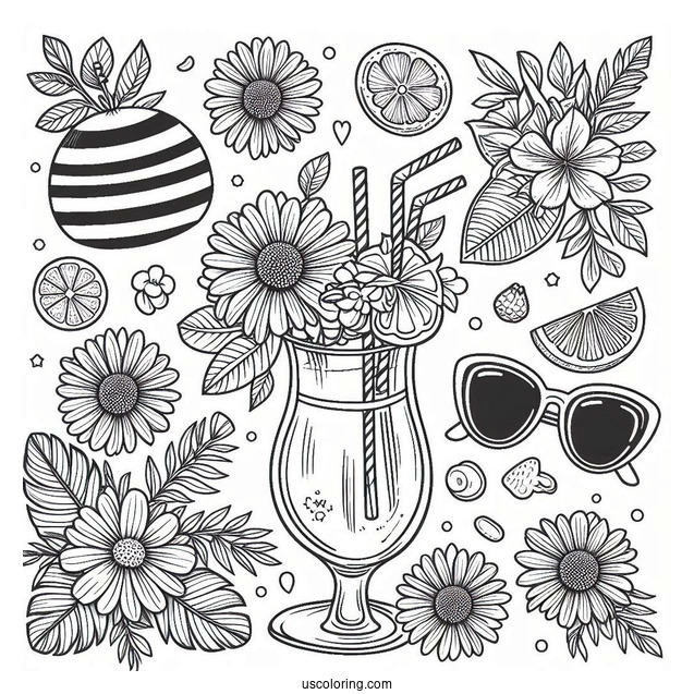 Summer Coloring Page Of Drink, Flowers, Sunglasses, And Flip Flops
