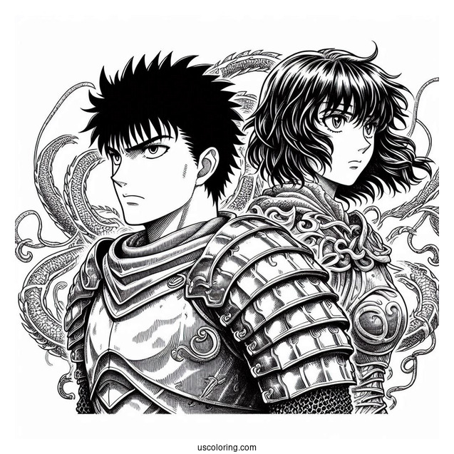 Manga Coloring Page Of Berserk Manga Guts And Casca In Armor