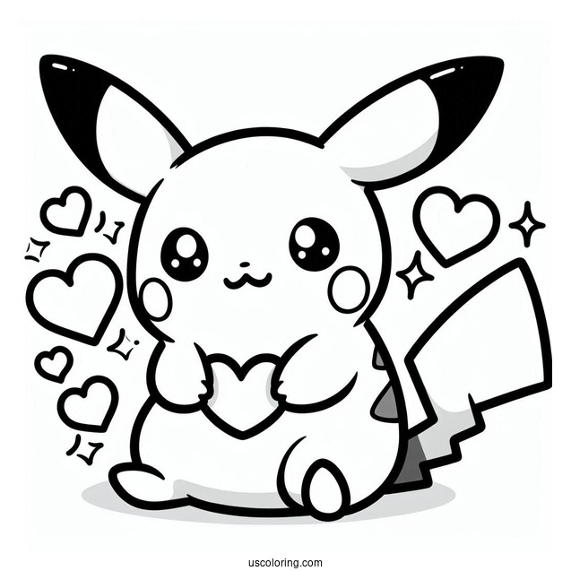 Cute Coloring Page Of Easy Pikachu With Love Hearts For Preschoolers