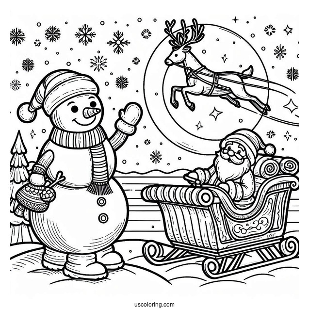 Snowman Waving At Santa On A Sleigh Flying Over The North Pole Coloring Page
