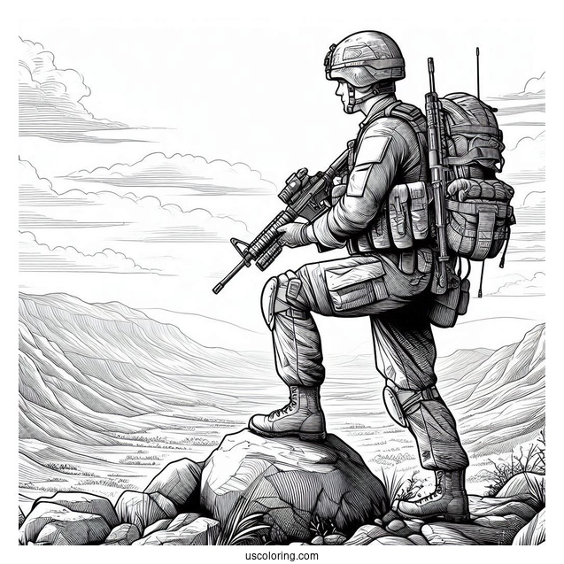 Armed Male Soldier Coloring Page Standing On Top Of Rocky Terrain