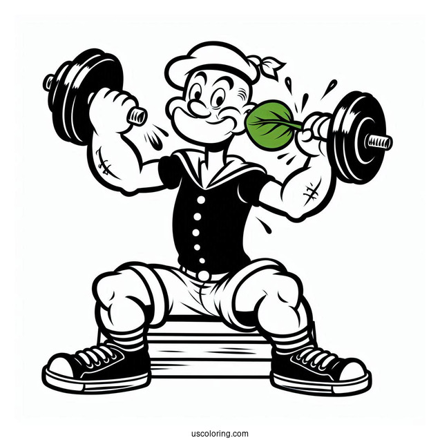 Easy Popeye Coloring Page Lifting Dumbbell While Holding Spinach For Kids