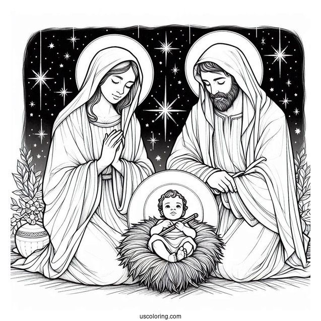 Nativity Coloring Page Of Realistic Mary, Joseph, And Baby Jesus With Starry Background