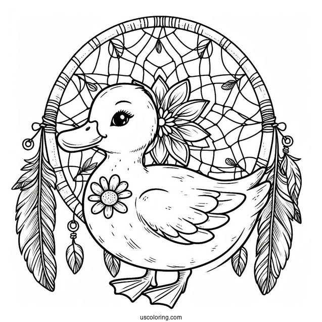 Duck Dreamcatcher with Feathers and Flowers Coloring Sheet