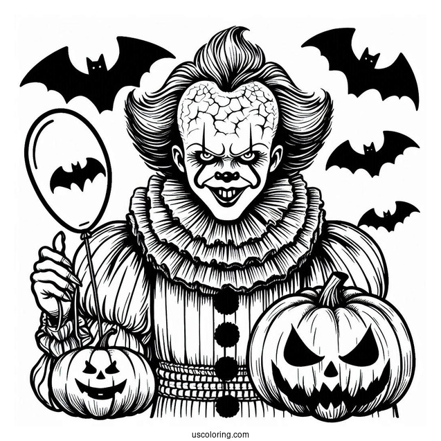 Pennywise Coloring Page With Bats And Jack O Lanterns