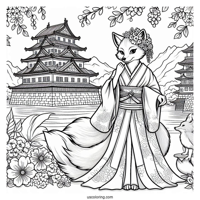 Fox Coloring Page in Kimono In Front Of Japanese Castle