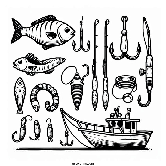 Fishing Coloring Page Rods, Bobber, Hook, Fishes, Worm, And Boat