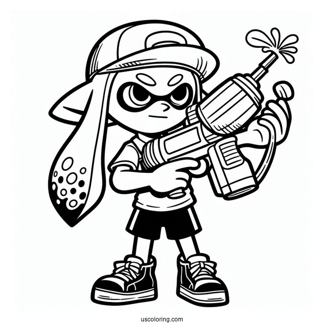 Splatoon Coloring Page Of Blue Inkling Holding Inkjet For Kids