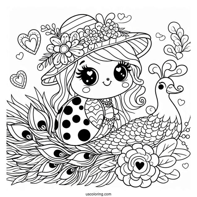 Cartoon Ladybug Sitting On Peacock Coloring Page with Flower Hat and Heart Shaped Tail Feathers