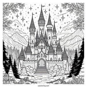 Magical Castle Coloring Page In The Forest With Starry Sky