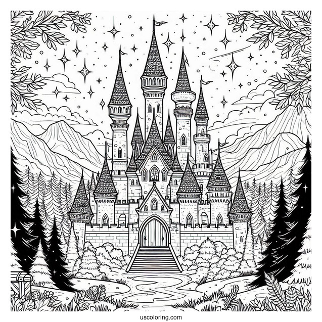 Magical Castle Coloring Page In The Forest With Starry Sky