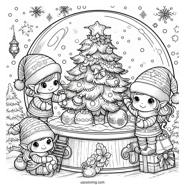 Cute Elves Decorating A Christmas Tree Snow Globe Coloring Page