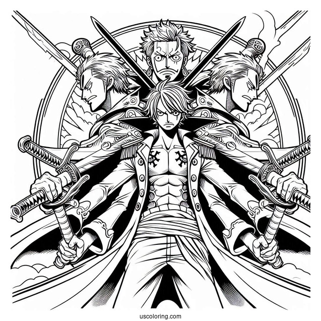 One Piece Coloring Page Of Roronoa Zoro With Three Swords