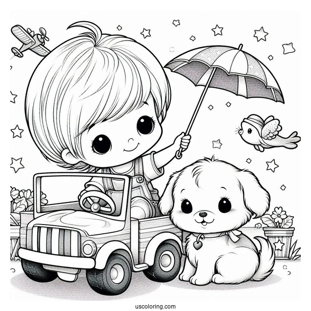 Precious Moments Coloring Page Of Boy With Toy Truck And Puppy