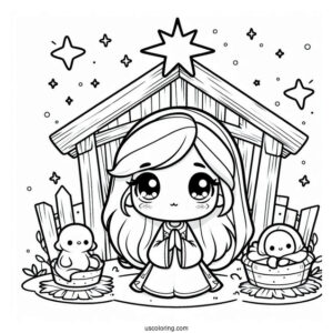 Nativity Coloring Page Of Cute Chibi Nativity With Star And Manger For Preschoolers