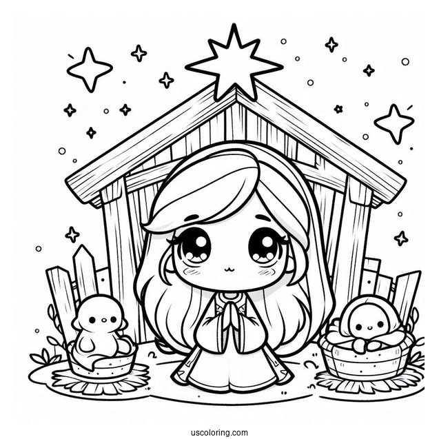 Nativity Coloring Page Of Cute Chibi Nativity With Star And Manger For Preschoolers