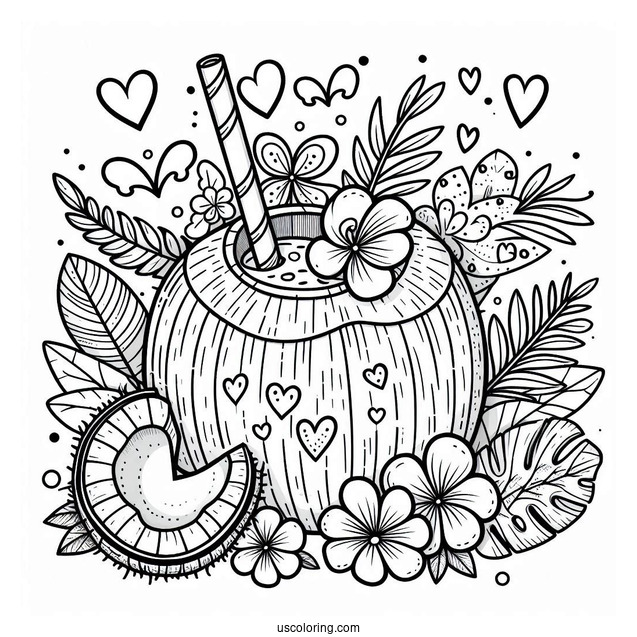 Adorable Coconut Coloring Page Drink With Flowers And Hearts For Kids