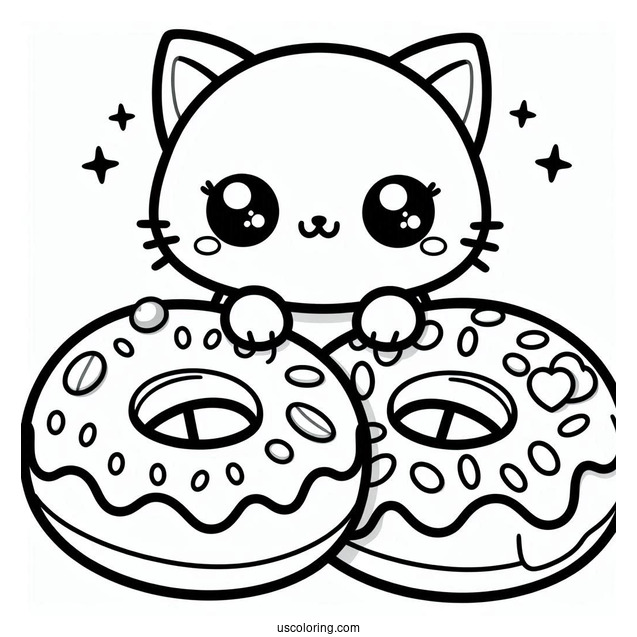 Cat Themed Kawaii Donut Coloring Page