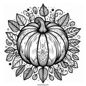 Top Of A Pumpkin Coloring Page Surrounded By Fall Leaves