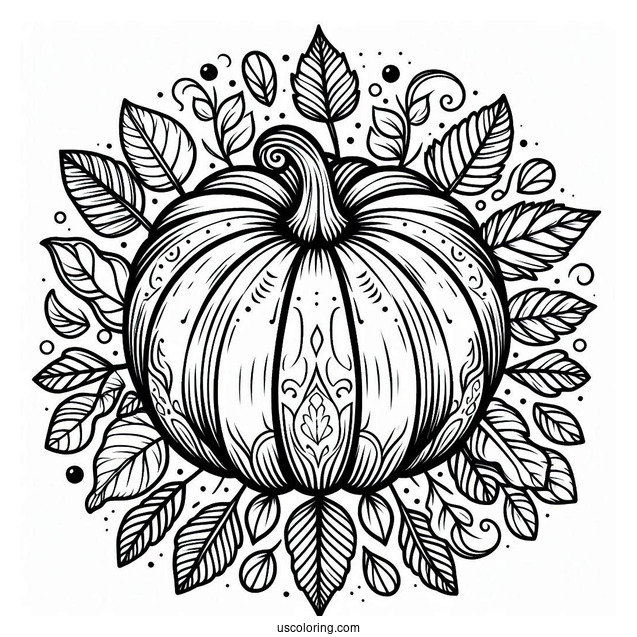 Top Of A Pumpkin Coloring Page Surrounded By Fall Leaves