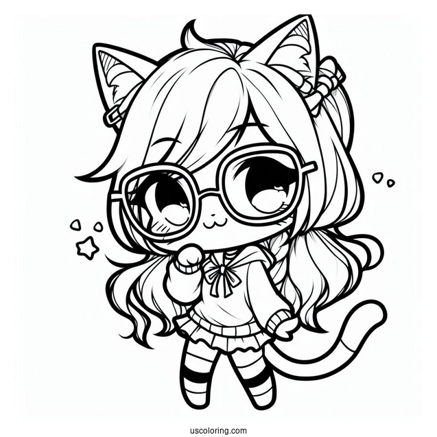 Chibi Nerdy Cat Girl Coloring Sheet For Kids