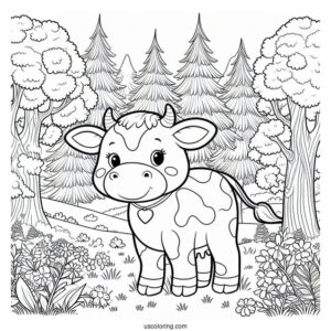 Happy Cow Standing In Forrest Coloring Sheet