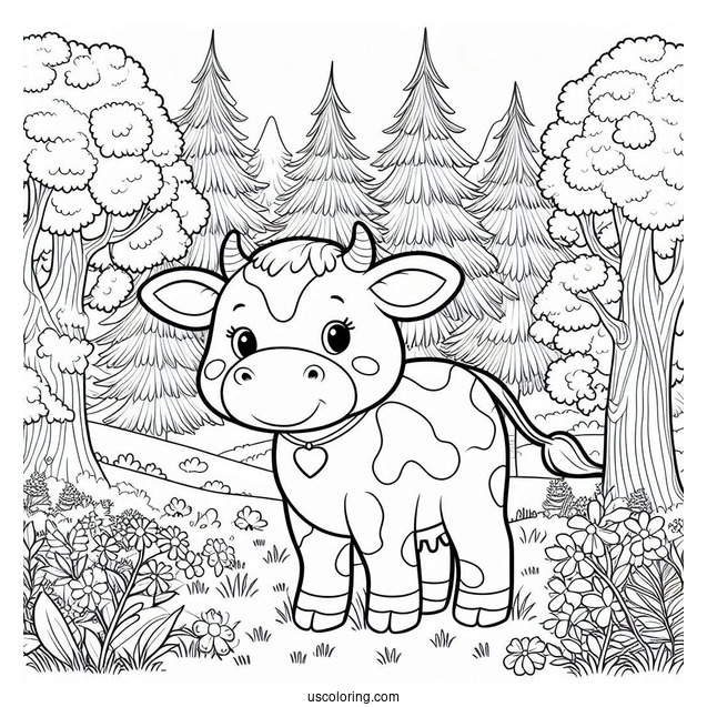 Happy Cow Standing In Forrest Coloring Sheet