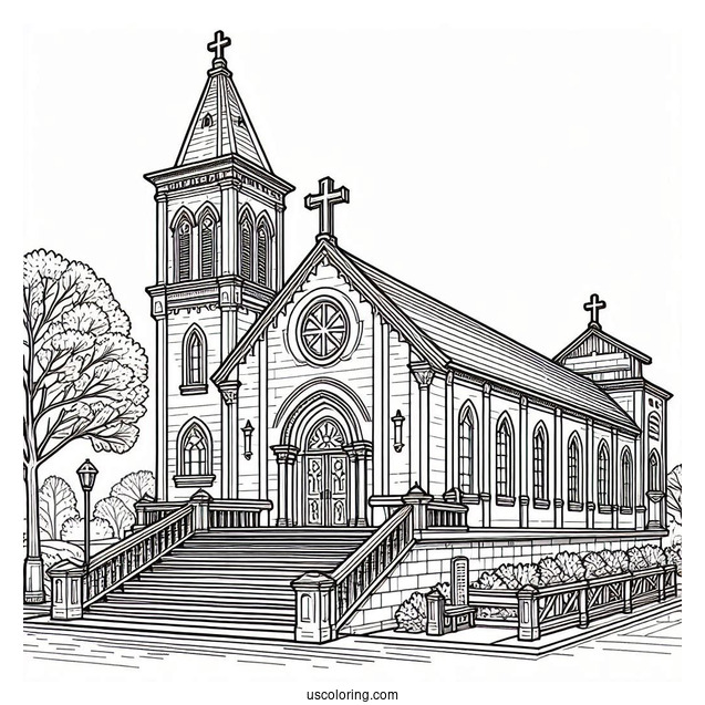 Large Catholic Church Coloring Page With A Walkway For Kids