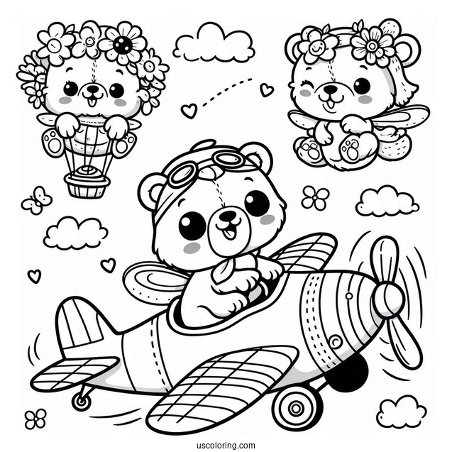 Smiling Critters Coloring Page On A Flying Car
