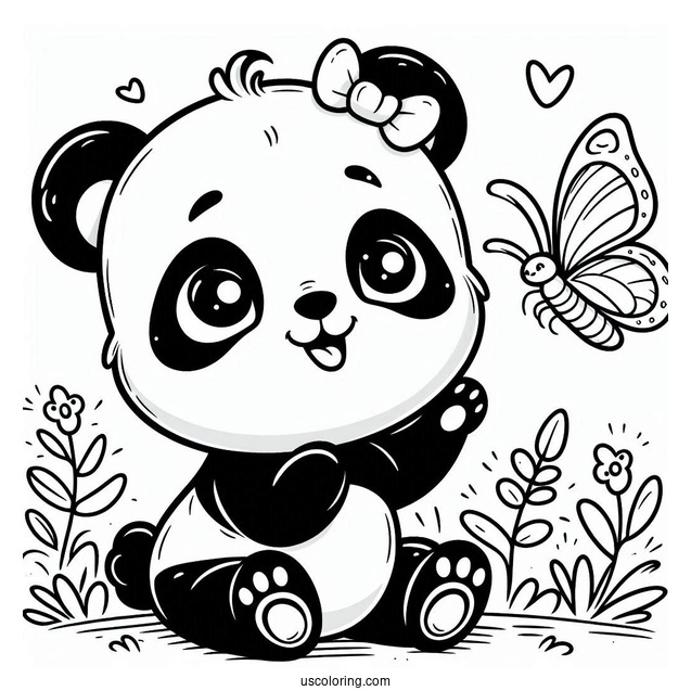 Baby Panda Coloring Page Smiling at a Butterfly