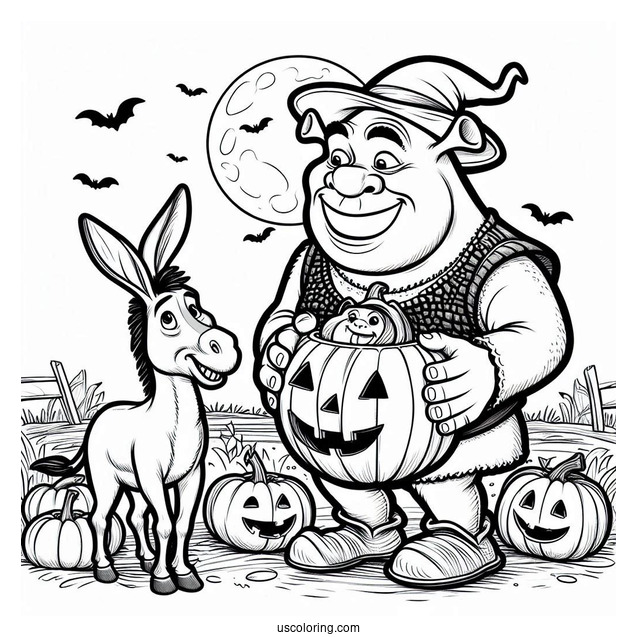 Shrek With Donkey And Pumpkin During Halloween