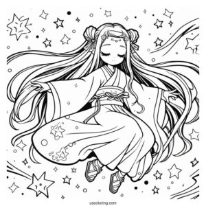 Nezuko Coloring Page In The Air With Stars