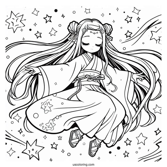 Nezuko Coloring Page In The Air With Stars