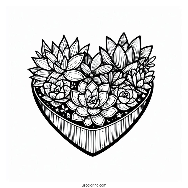 Various Succulent Coloring Page In A Heart Shaped Container