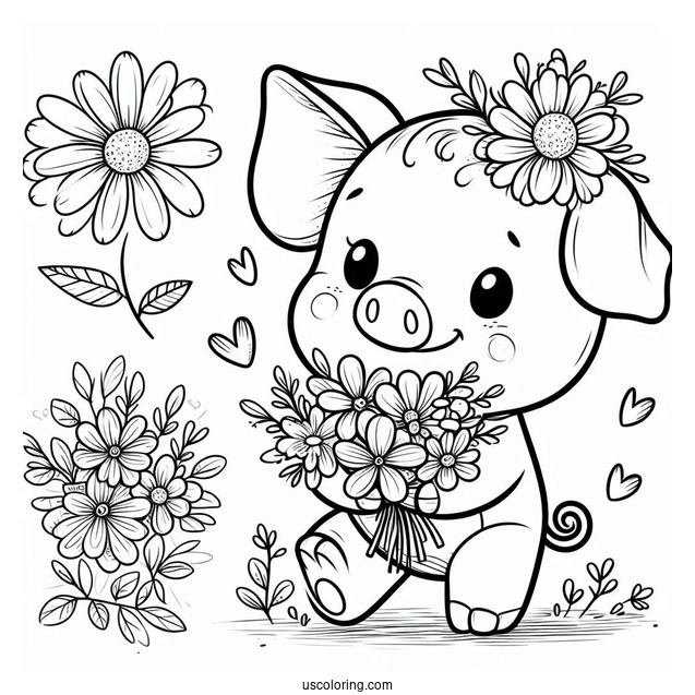 Easy Piglet Coloring Page Holding Flowers For Kids