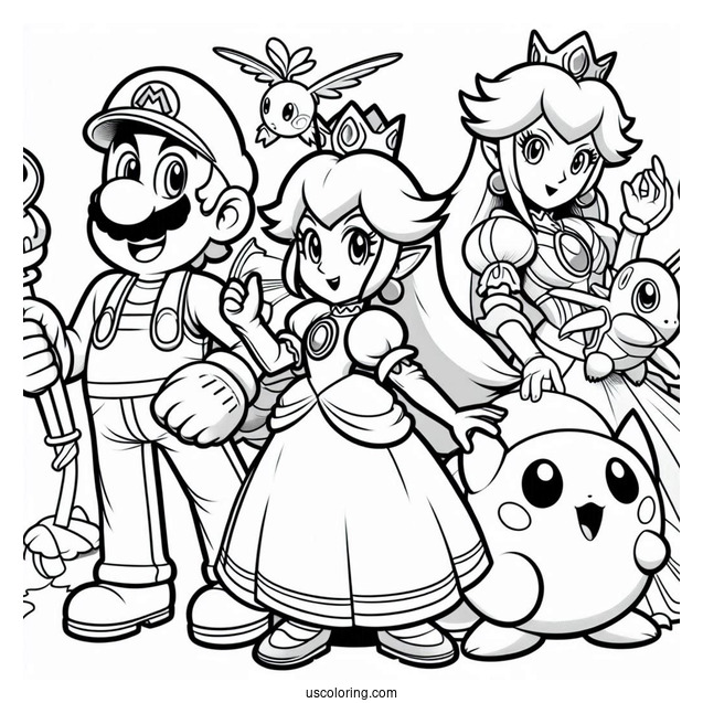 Mario, Zelda, Princess Peach, And Pokemon Super Smash Bros Coloring Page
