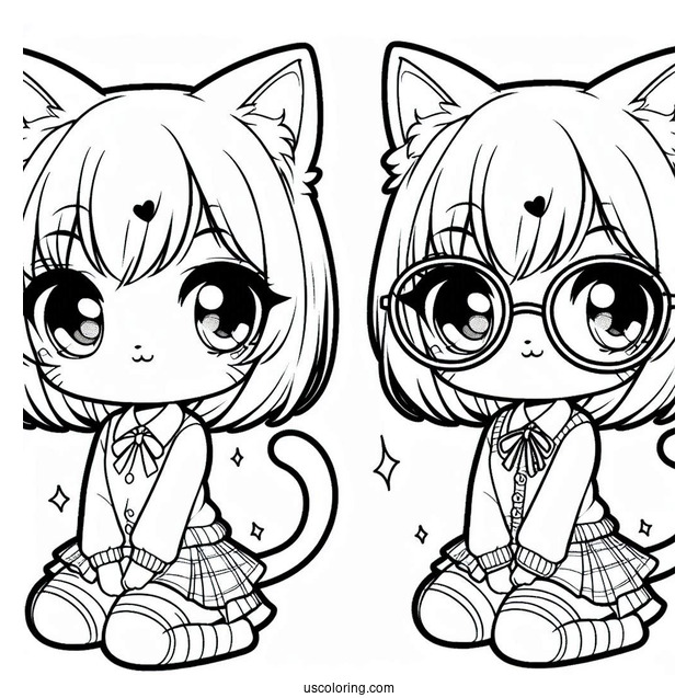 Chibi Nerdy Cat Girl Coloring Sheet For Kids